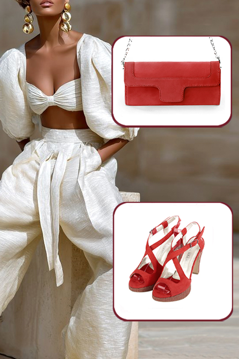Women's scarlet red elegant cross straps sandals. Round toe. High slim heel with a platform at the front - Worn view